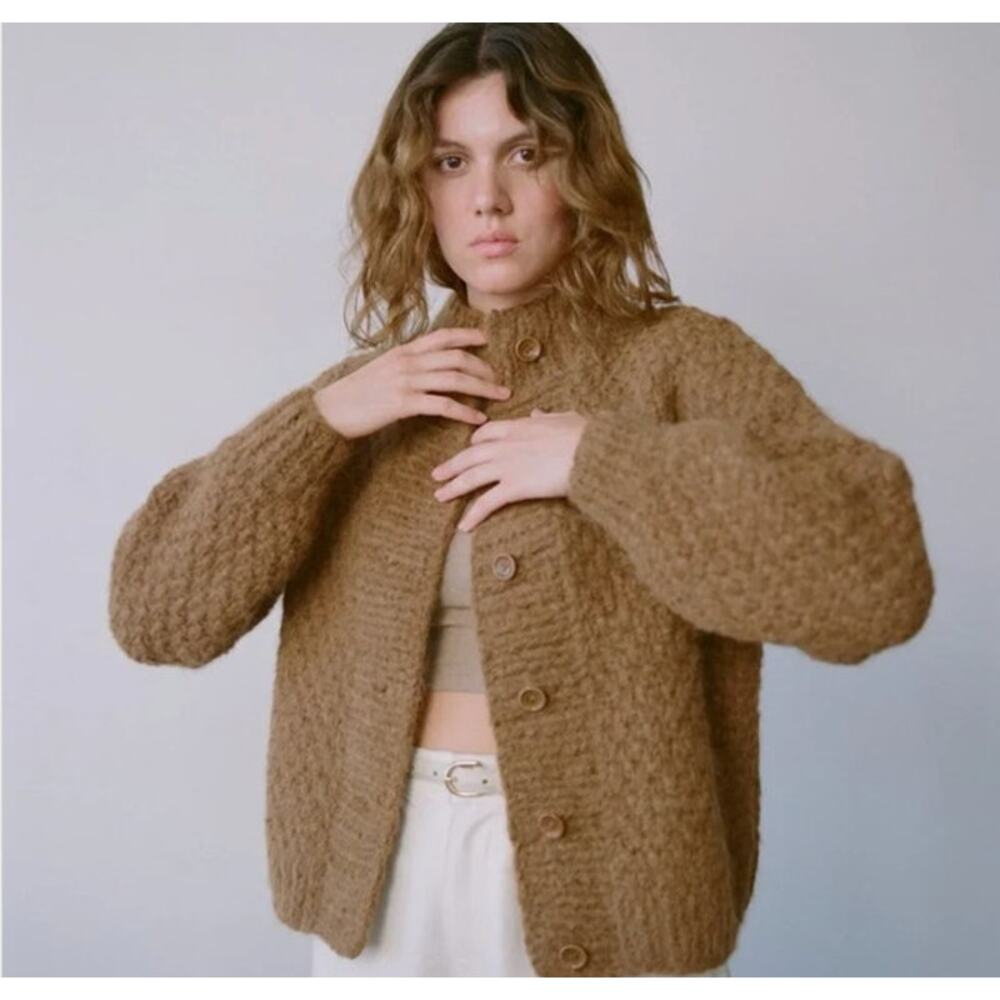 OZMA Sz XS/S Brown Tan Bell Hand Knit Cardigan Sweater Alpaca